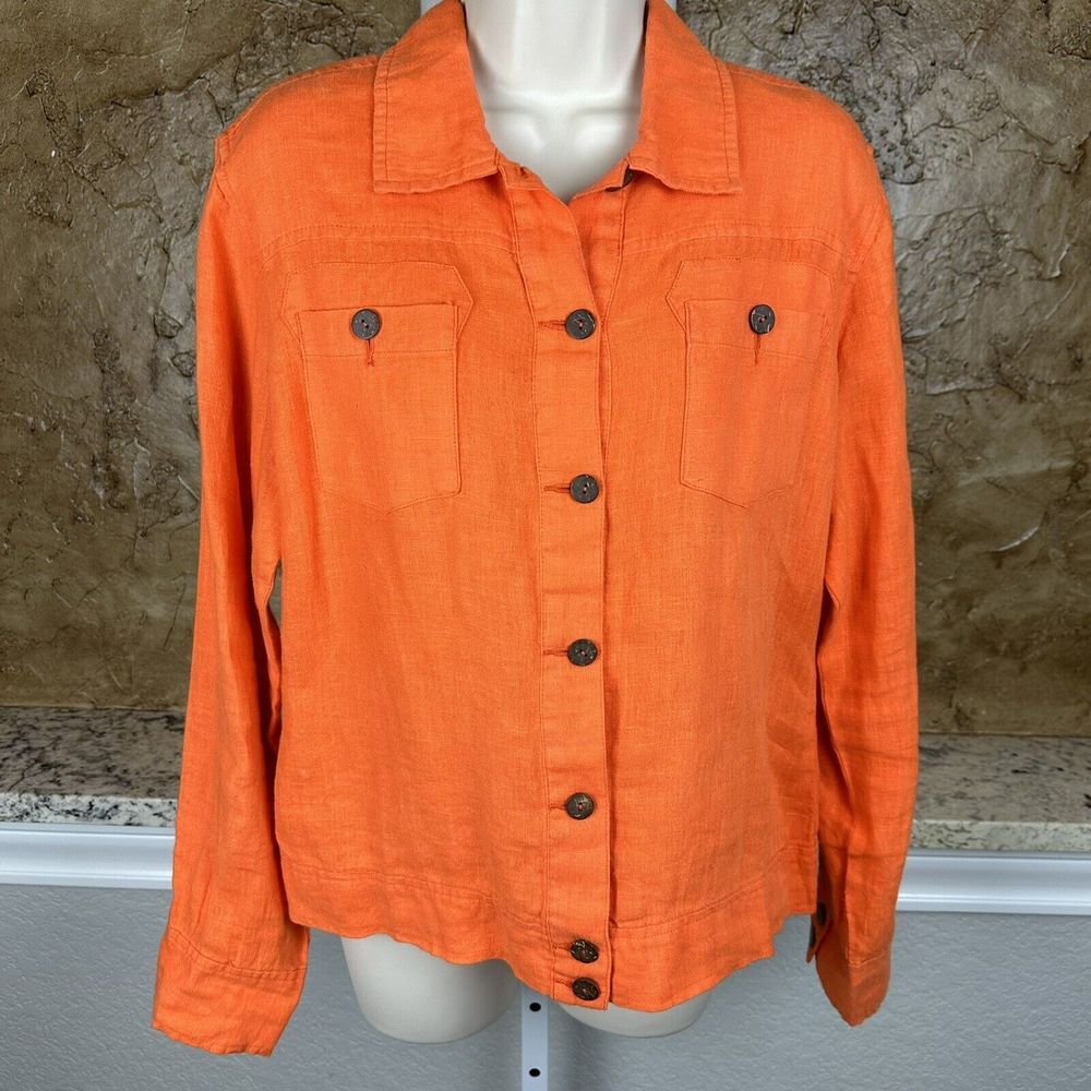 Chico's Women's Size 1 Orange Linen Button Up Long Sleeve Shirt